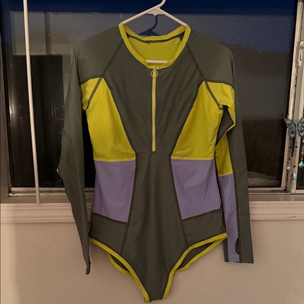 One Piece SPF 50 Swimsuit - Green, Yellow, and Purple